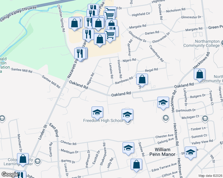 map of restaurants, bars, coffee shops, grocery stores, and more near 3016 Rambeau Road in Bethlehem