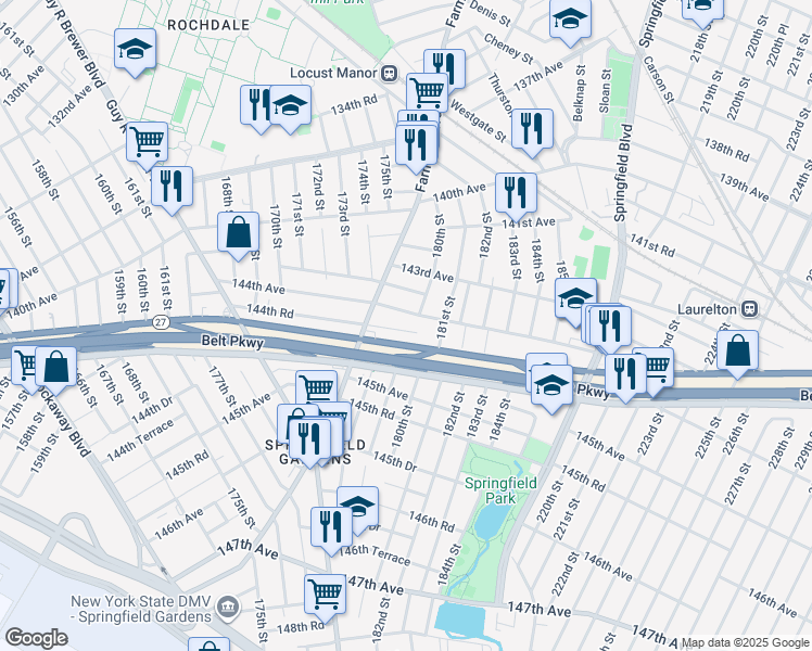 map of restaurants, bars, coffee shops, grocery stores, and more near 179-25 144th Road in Queens