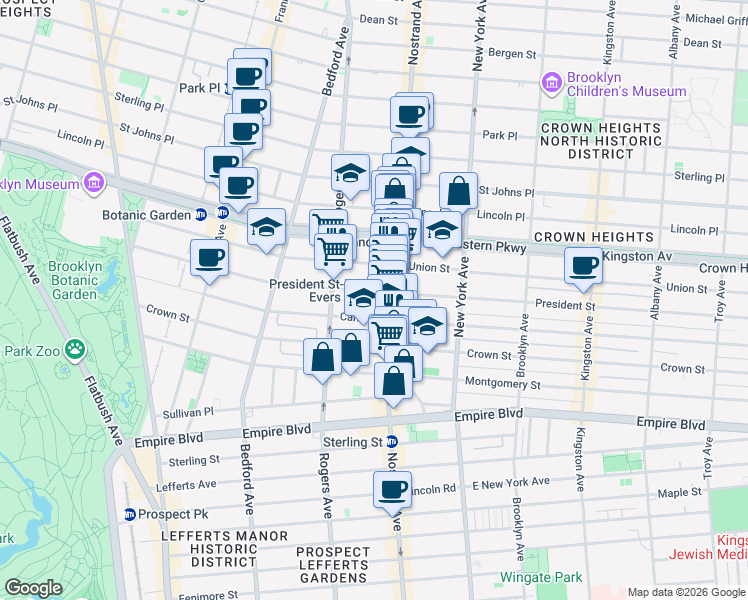 map of restaurants, bars, coffee shops, grocery stores, and more near 1180 President Street in Brooklyn