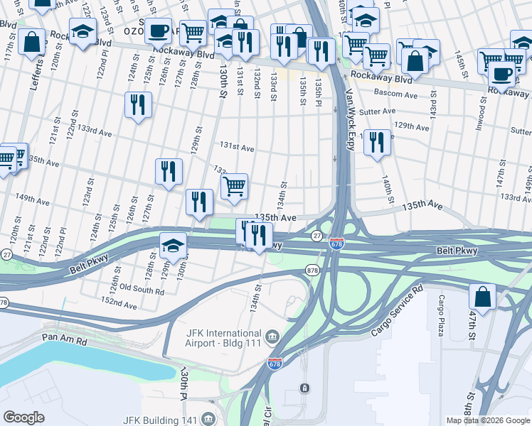 map of restaurants, bars, coffee shops, grocery stores, and more near 133-07 135th Avenue in Queens