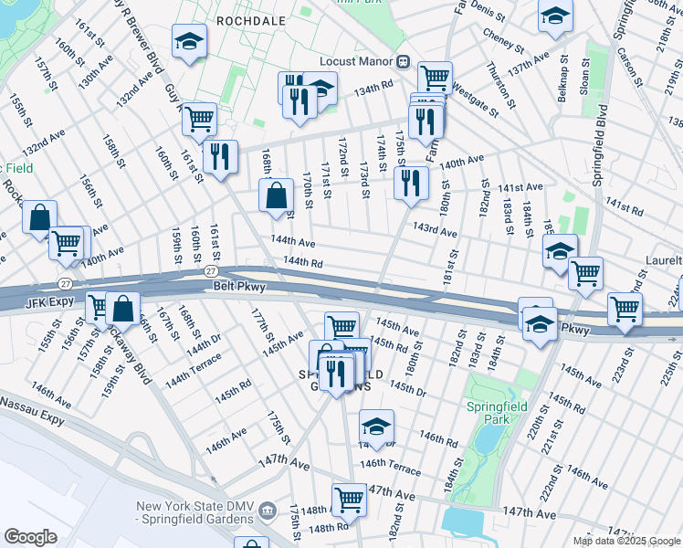map of restaurants, bars, coffee shops, grocery stores, and more near 169-64 144th Road in Queens