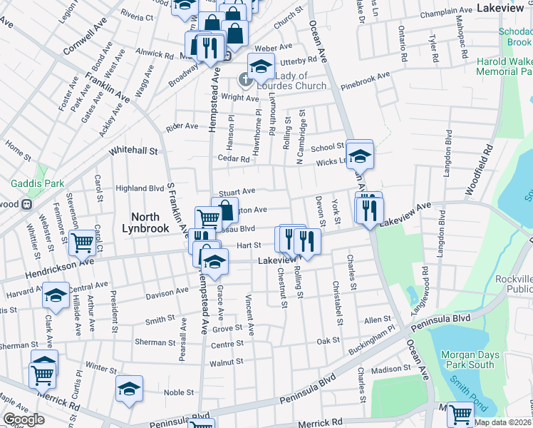 map of restaurants, bars, coffee shops, grocery stores, and more near 80 Lexington Avenue in Malverne