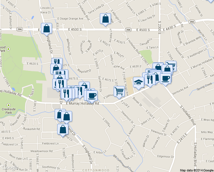 map of restaurants, bars, coffee shops, grocery stores, and more near 2051 East Sycamore Lane in Holladay
