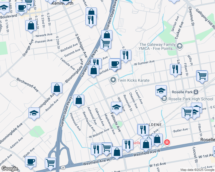 map of restaurants, bars, coffee shops, grocery stores, and more near 345 Carnegie Ave in Kenilworth