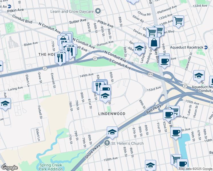 map of restaurants, bars, coffee shops, grocery stores, and more near 149-44 84th Street in Queens