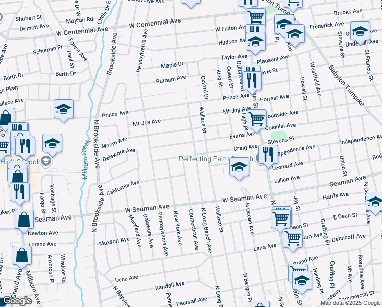 map of restaurants, bars, coffee shops, grocery stores, and more near 130 Craig Avenue in Freeport