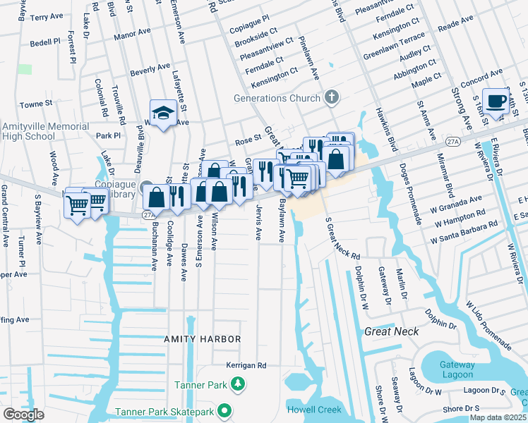 map of restaurants, bars, coffee shops, grocery stores, and more near 15 Jervis Avenue in Copiague