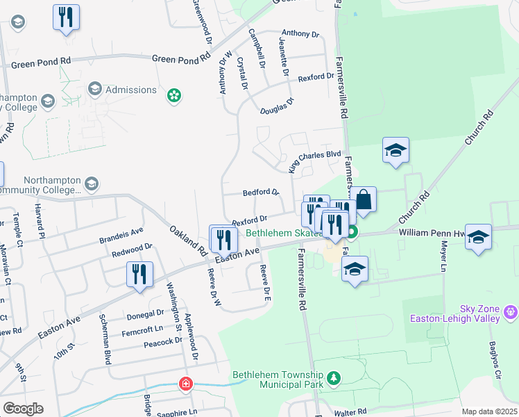 map of restaurants, bars, coffee shops, grocery stores, and more near 4218 Bedford Drive in Bethlehem