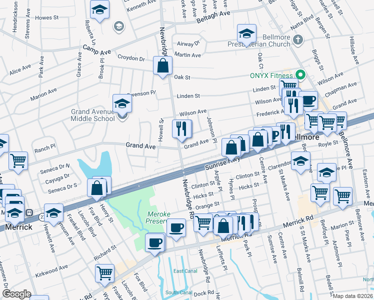 map of restaurants, bars, coffee shops, grocery stores, and more near 2439 Grand Avenue in Bellmore