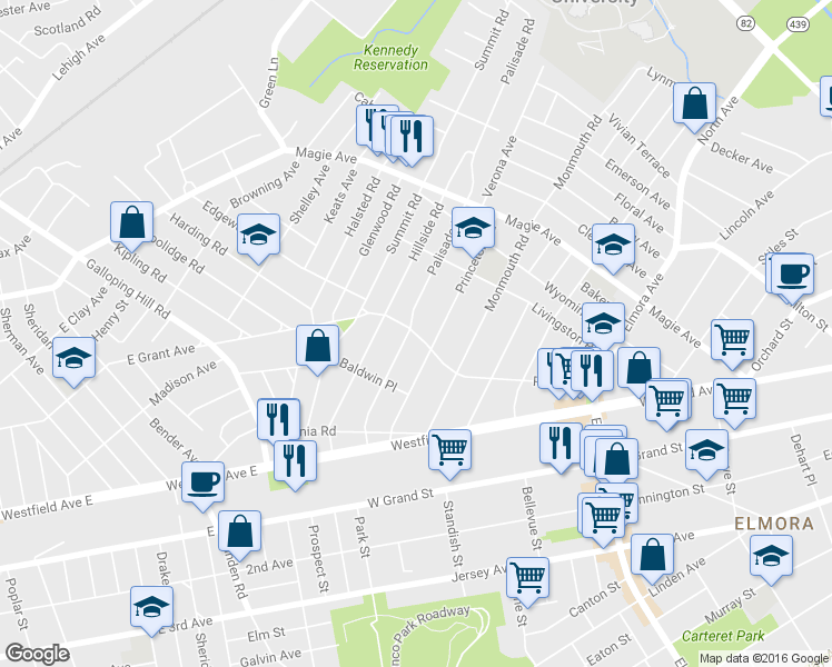 map of restaurants, bars, coffee shops, grocery stores, and more near 841 Park Avenue in Elizabeth