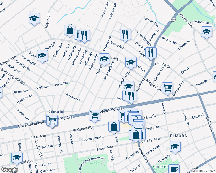 map of restaurants, bars, coffee shops, grocery stores, and more near 144 Morristown Rd in Elizabeth