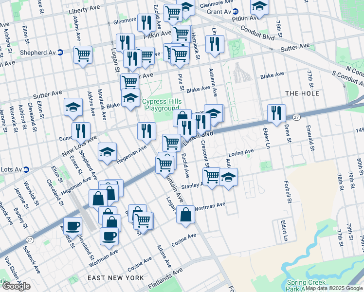 map of restaurants, bars, coffee shops, grocery stores, and more near Euclid Ave & Linden Blvd in Brooklyn