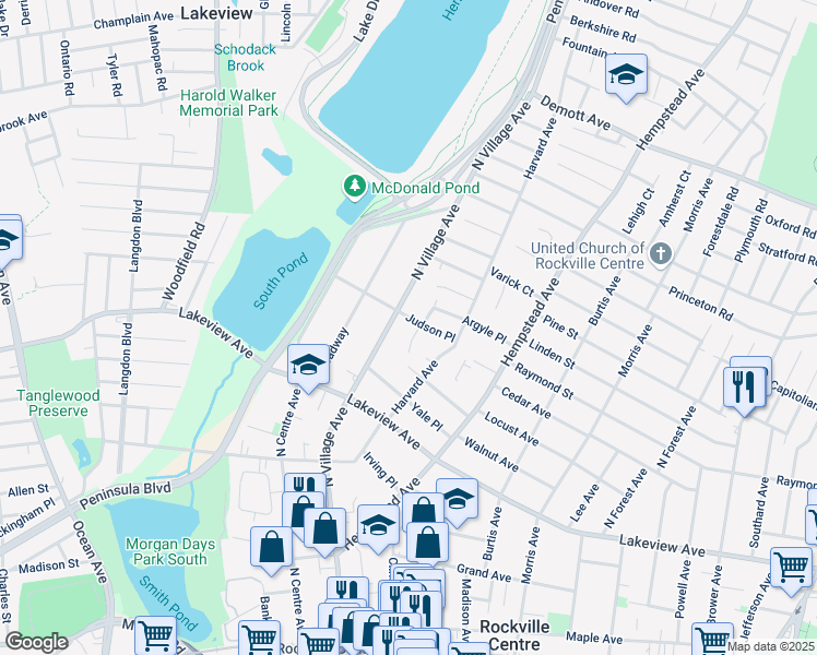 map of restaurants, bars, coffee shops, grocery stores, and more near 76 Judson Place in Rockville Centre