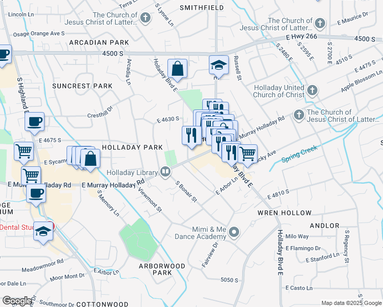 map of restaurants, bars, coffee shops, grocery stores, and more near 2233 East Murray Holladay Road in Holladay