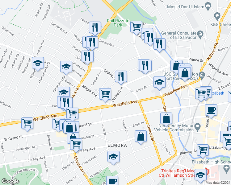 map of restaurants, bars, coffee shops, grocery stores, and more near 225 Orchard Street in Elizabeth