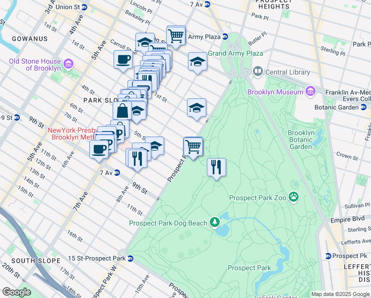 map of restaurants, bars, coffee shops, grocery stores, and more near 78 Prospect Park West in Brooklyn