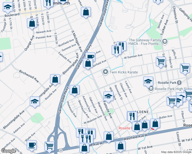 map of restaurants, bars, coffee shops, grocery stores, and more near 345 Carnegie Avenue in Kenilworth