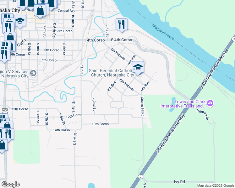 map of restaurants, bars, coffee shops, grocery stores, and more near 412 7th Terrace in Nebraska City