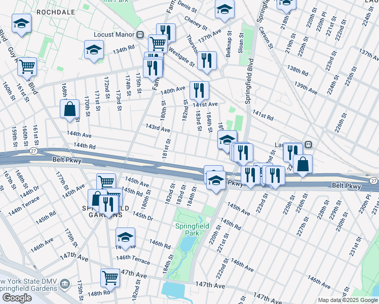map of restaurants, bars, coffee shops, grocery stores, and more near 182-11 144th Avenue in Queens