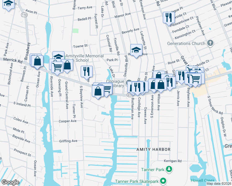 map of restaurants, bars, coffee shops, grocery stores, and more near 7 Montauk Highway in Amityville