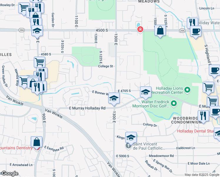 map of restaurants, bars, coffee shops, grocery stores, and more near 4689 Bonner Circle in Millcreek