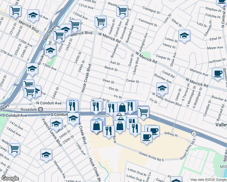 map of restaurants, bars, coffee shops, grocery stores, and more near 134 Elm Street in Valley Stream