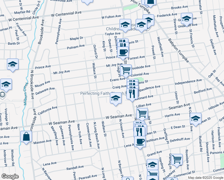 map of restaurants, bars, coffee shops, grocery stores, and more near 49 Craig Avenue in Freeport