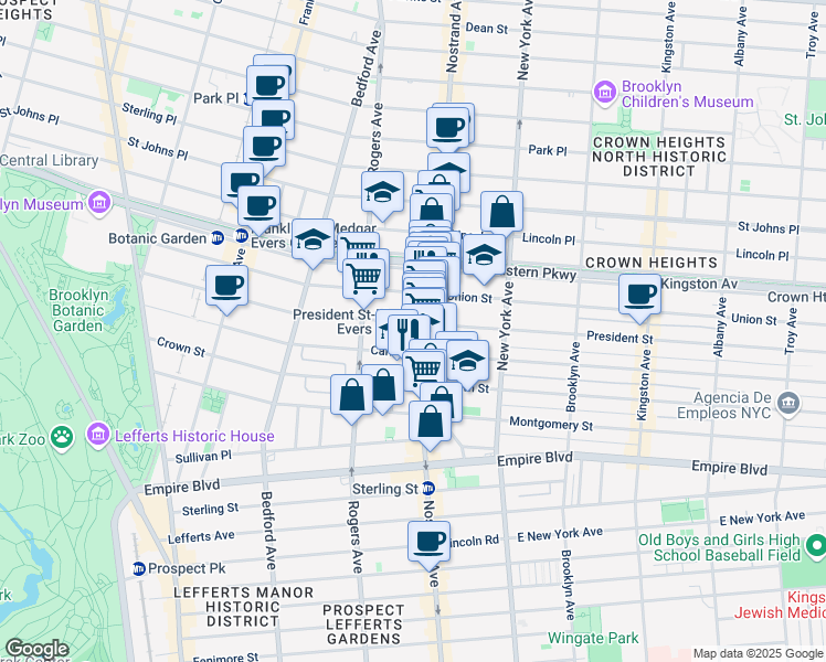 map of restaurants, bars, coffee shops, grocery stores, and more near 1180 President Street in Brooklyn