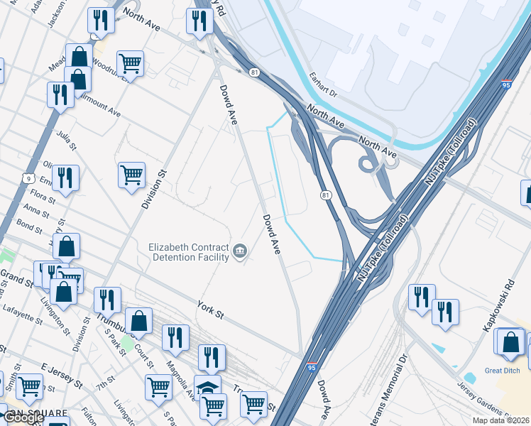 map of restaurants, bars, coffee shops, grocery stores, and more near 640 Dowd Avenue in Elizabeth