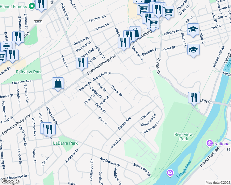 map of restaurants, bars, coffee shops, grocery stores, and more near 1306 Wayne Street in Easton