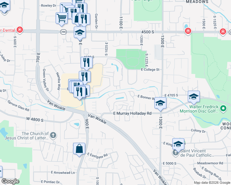 map of restaurants, bars, coffee shops, grocery stores, and more near 4535 Woodduck Lane in Millcreek