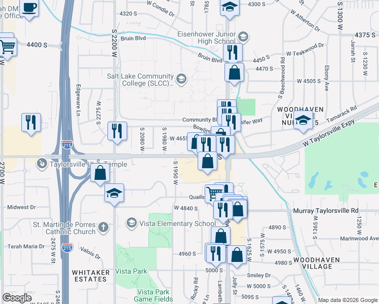 map of restaurants, bars, coffee shops, grocery stores, and more near 1860 West 4700 South in Taylorsville