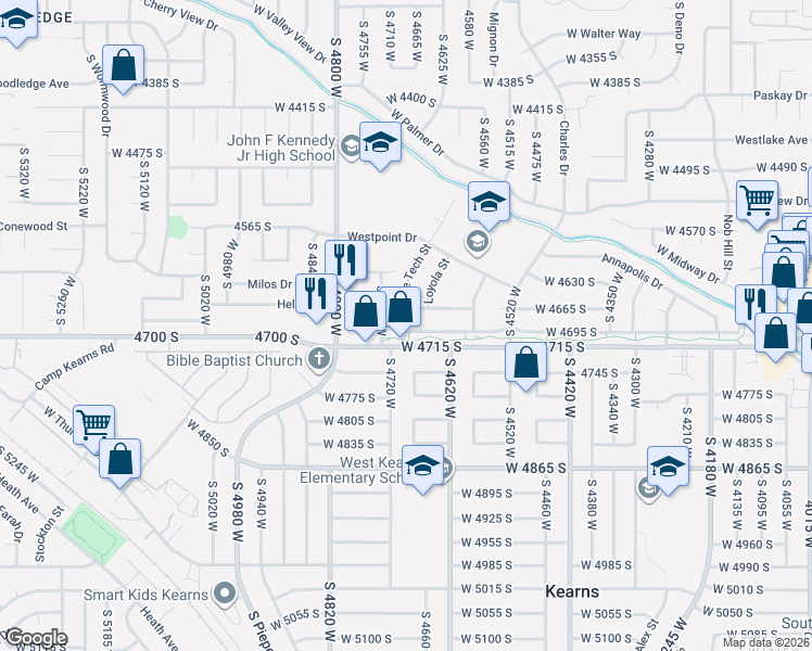 map of restaurants, bars, coffee shops, grocery stores, and more near 4683 West Arlington Park Drive in West Valley City
