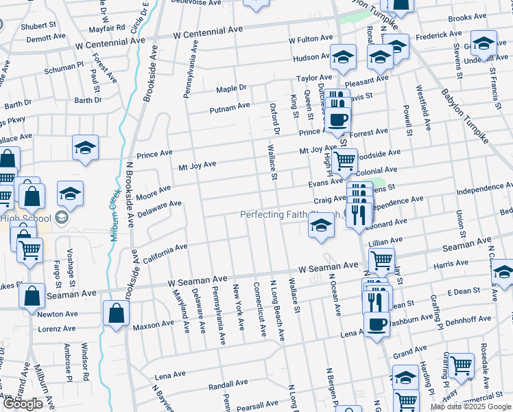 map of restaurants, bars, coffee shops, grocery stores, and more near 130 Craig Avenue in Freeport