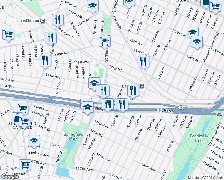 map of restaurants, bars, coffee shops, grocery stores, and more near 219-47 143rd Avenue in Queens