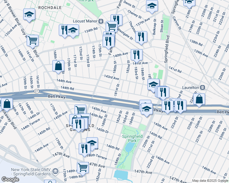 map of restaurants, bars, coffee shops, grocery stores, and more near 180-14 144th Avenue in Queens