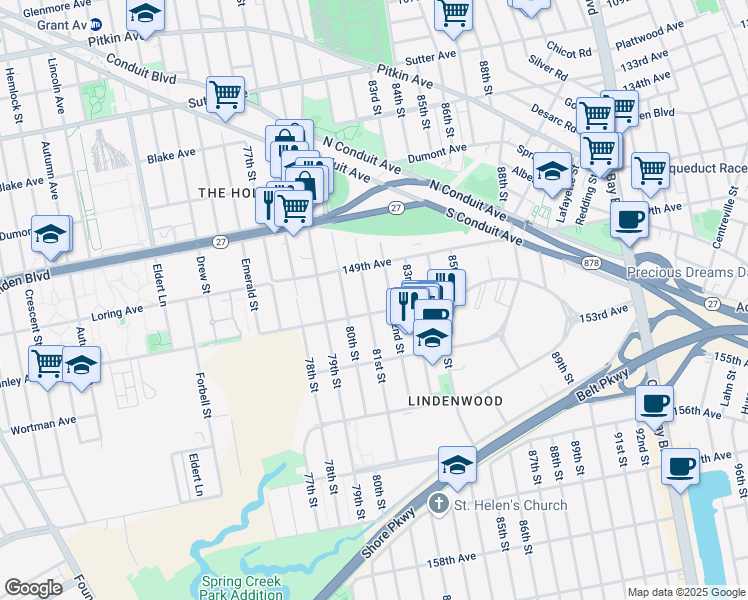 map of restaurants, bars, coffee shops, grocery stores, and more near 149-34 81st Street in Queens