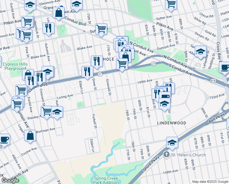 map of restaurants, bars, coffee shops, grocery stores, and more near 601 Emerald Street in Brooklyn