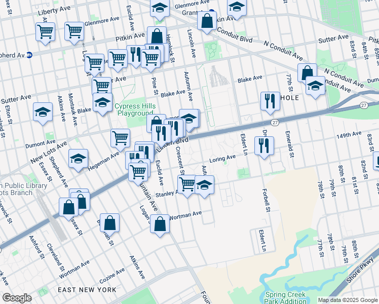 map of restaurants, bars, coffee shops, grocery stores, and more near 2628 Linden Boulevard in Brooklyn