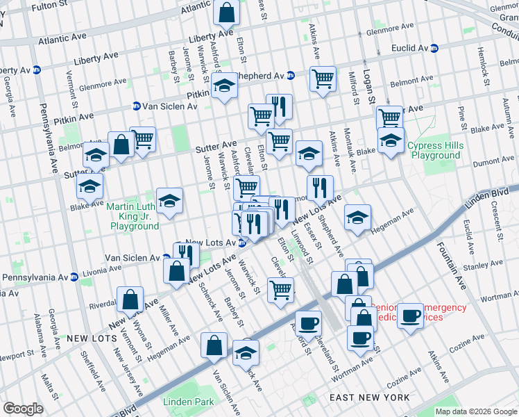 map of restaurants, bars, coffee shops, grocery stores, and more near 974 Dumont Avenue in Brooklyn