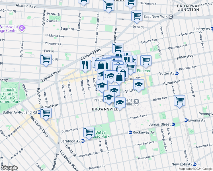 map of restaurants, bars, coffee shops, grocery stores, and more near 136 Bristol Street in Brooklyn