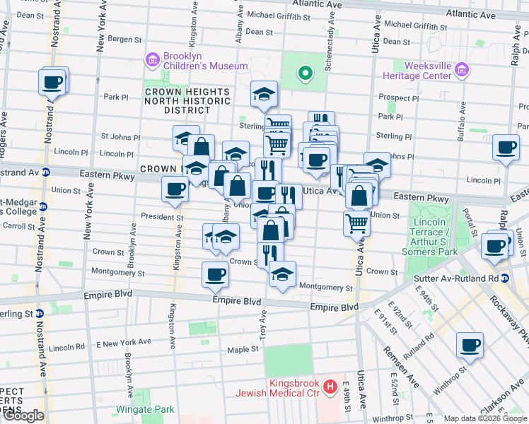map of restaurants, bars, coffee shops, grocery stores, and more near 307 Troy Avenue in Brooklyn