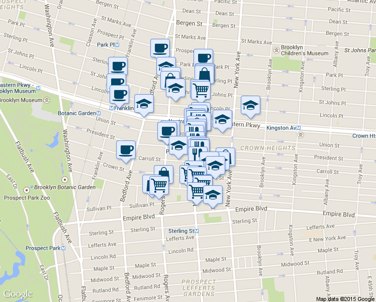 map of restaurants, bars, coffee shops, grocery stores, and more near 1180 President Street in Brooklyn