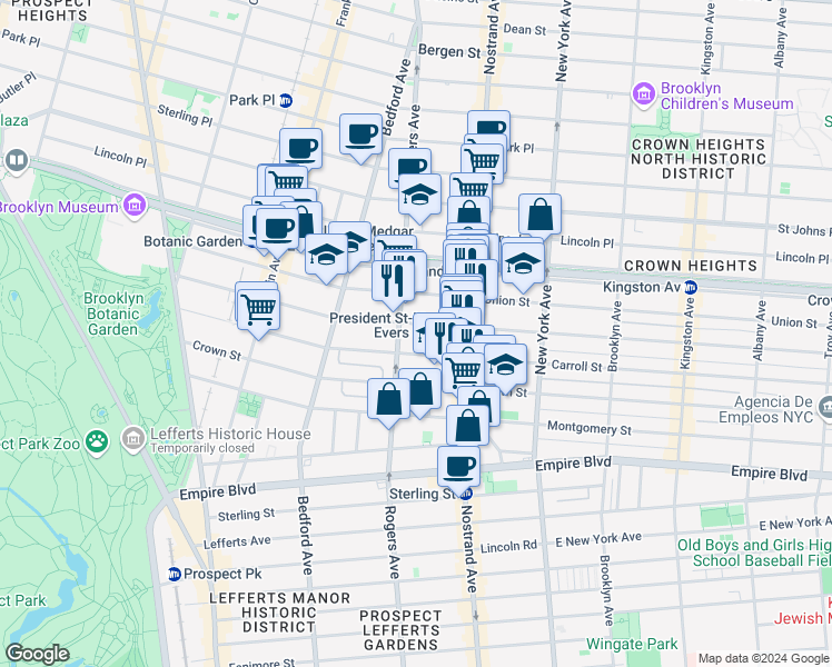 map of restaurants, bars, coffee shops, grocery stores, and more near 1136 President Street in Brooklyn