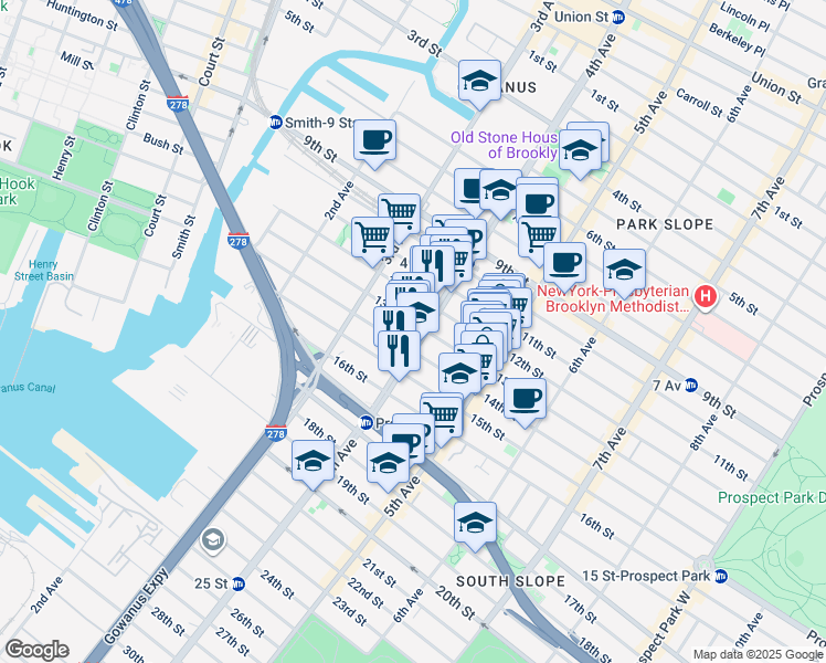 map of restaurants, bars, coffee shops, grocery stores, and more near 221 12th Street in Brooklyn