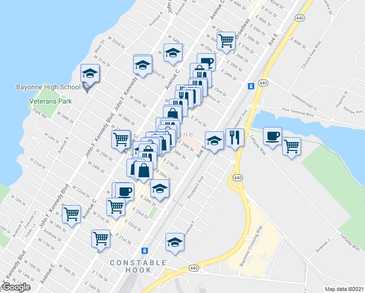 map of restaurants, bars, coffee shops, grocery stores, and more near 24 East 29th Street in Bayonne