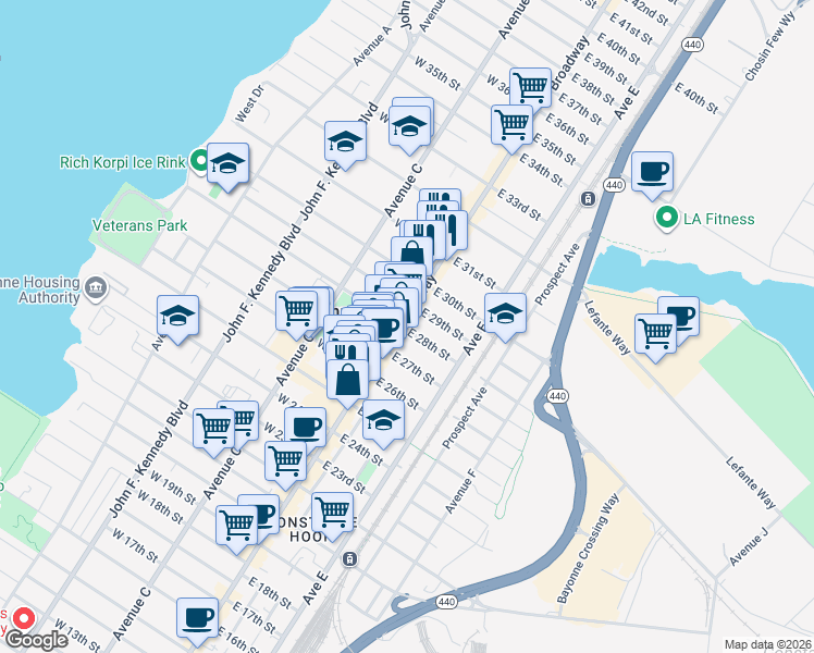 map of restaurants, bars, coffee shops, grocery stores, and more near in Bayonne