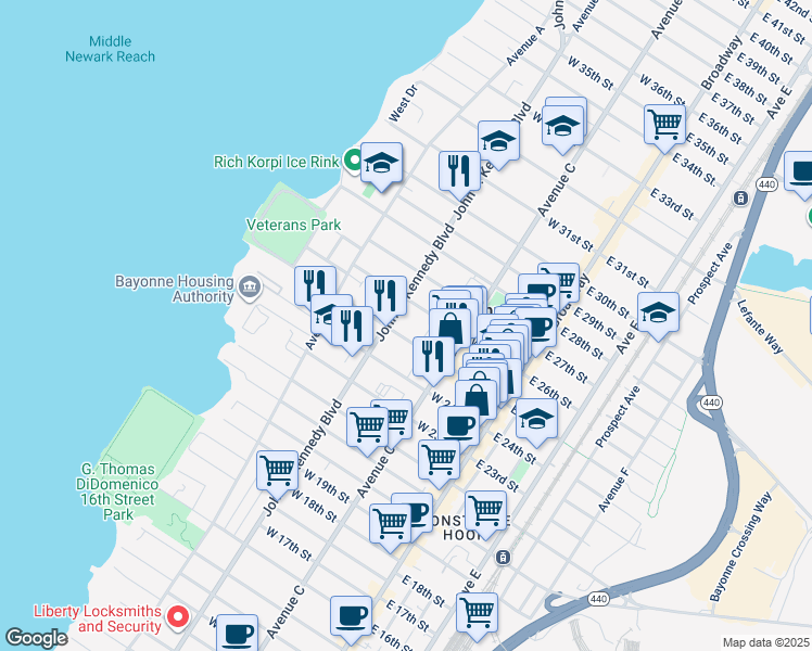 map of restaurants, bars, coffee shops, grocery stores, and more near 654 John F. Kennedy Boulevard in Bayonne