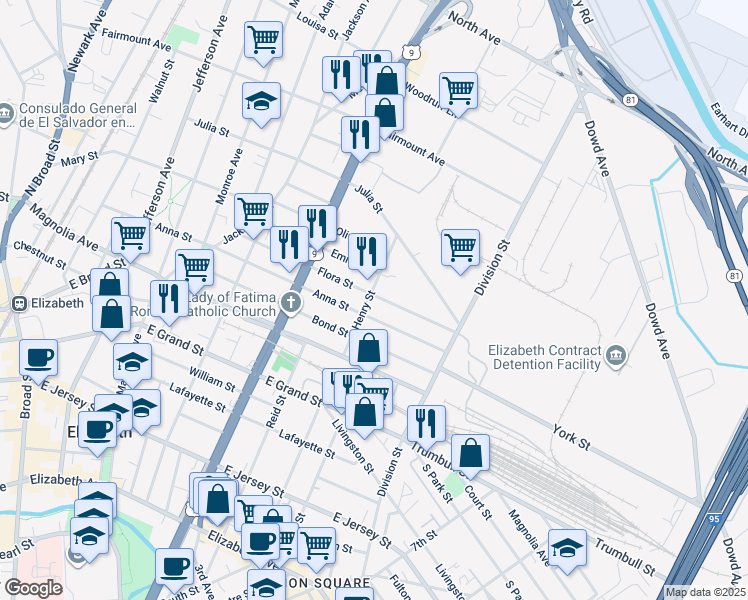 map of restaurants, bars, coffee shops, grocery stores, and more near 904 Flora Street in Elizabeth