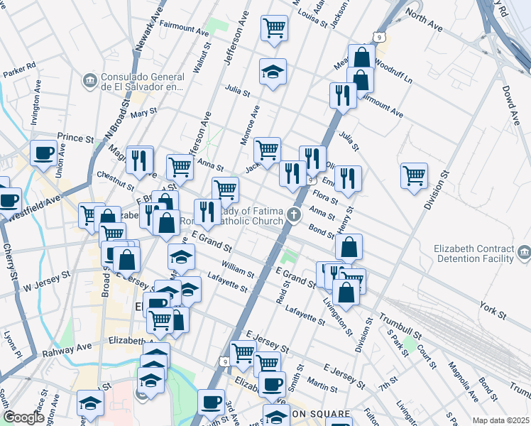 map of restaurants, bars, coffee shops, grocery stores, and more near 1026 Bond Street in Elizabeth